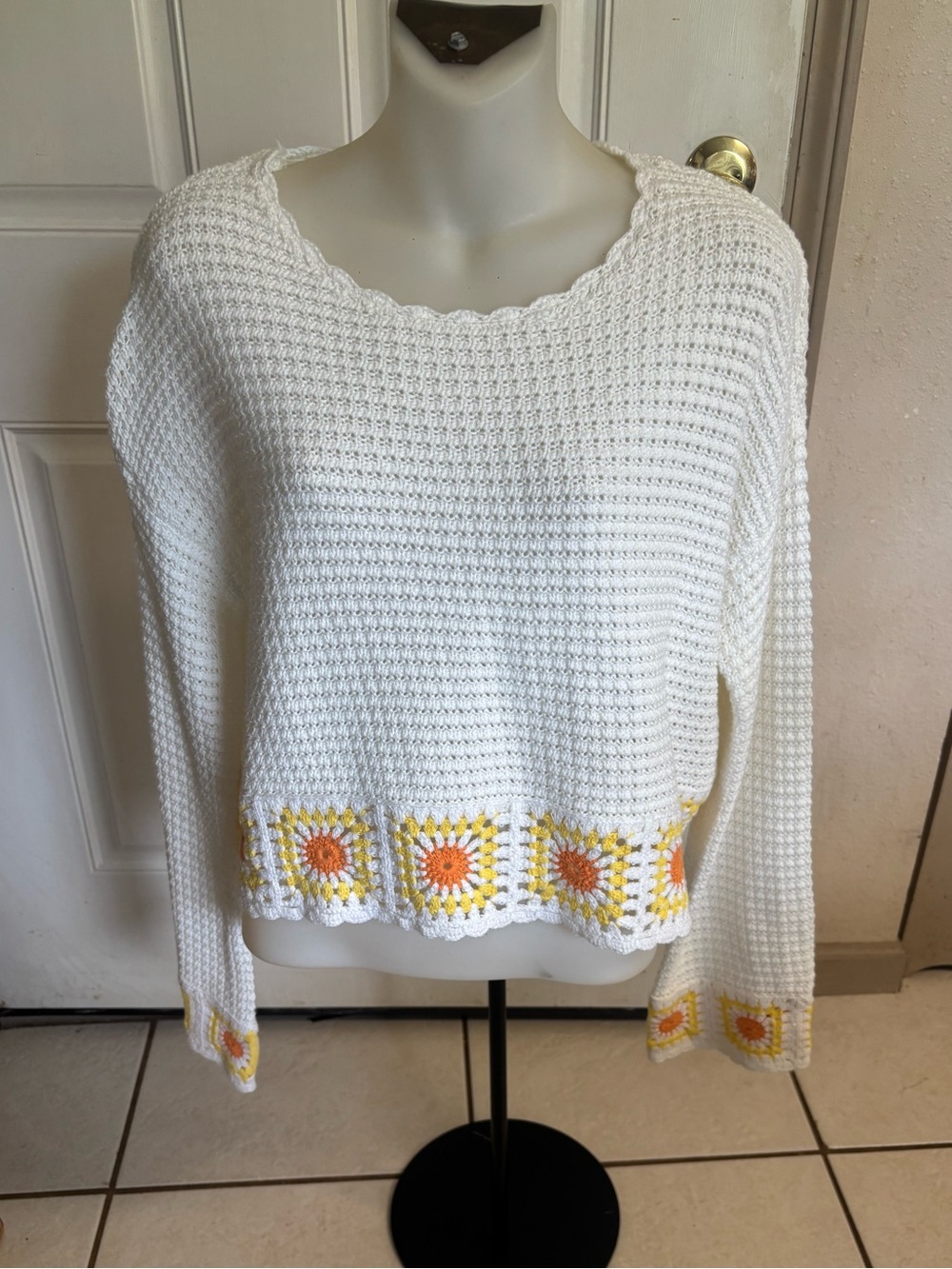Large Sincerely Jules sunflower Crochet crop long bell sleeve bohemian sweater